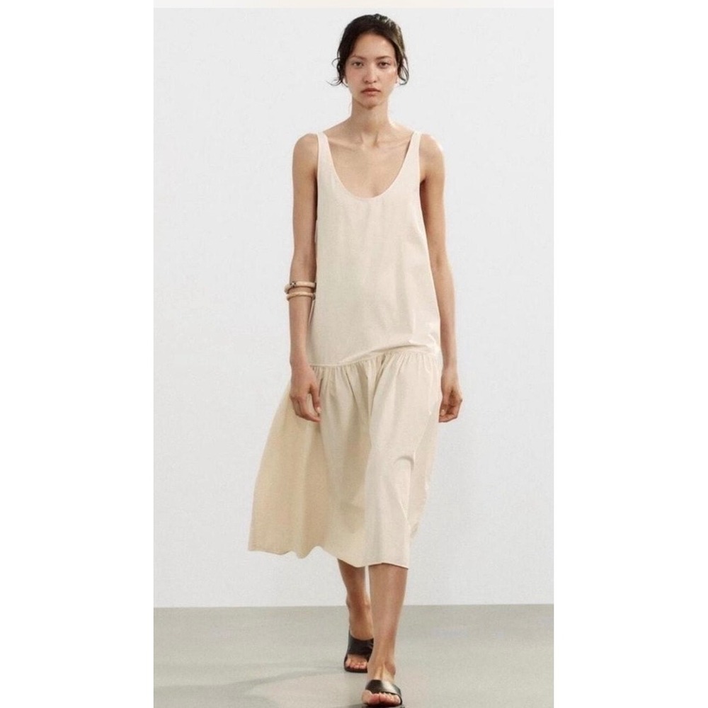 Zara Midi Dress Drop Waist Plunging Scoop Neckline Women's Size Medium NWT Ecru